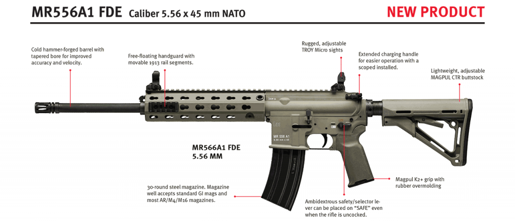 HK MR556A1 556x45mm FDE rifle For California! A direct descendent of the HK416, the MR556A1 is a semi-automatic rifle developed by Heckler & Koch as a premium level commercial/civilian firearm with match rifle capability. Like the HK416, the MR556A1 is a major product improvement over conventional AR-type carbines and rifles.