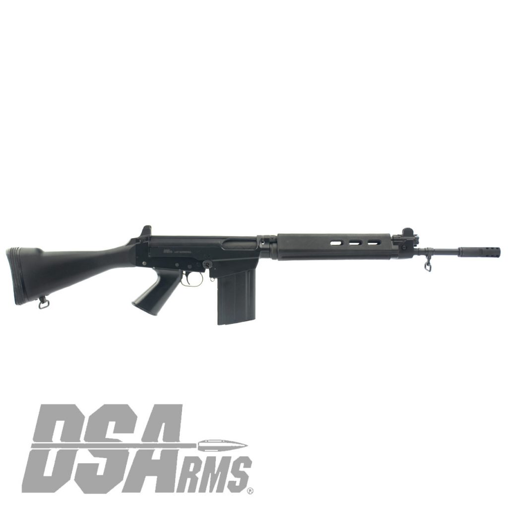 California legal DSA SA58 FAL Bush Warrior carbine with 18" traditional profile barrel and fixed stock.