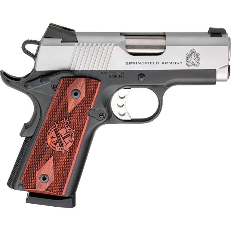 West Coast shooters can purchase the California compliant version of the 1911 Enhanced Micro Pistol (EMP) that Springfield Armory offers. Sized down for the 9mm cartridge, this compact concealed carry 1911 pistol features a flared and lowered ejection port for reliability. The 1911 EMP has extended ambidextrous thumb safety levers and negates hammer bite with an extended beavertail. The fully supported 3" match grade stainless steel bull barrel shoots well beyond its diminutive dimensions, and the stainless slide requires minimal maintenance.