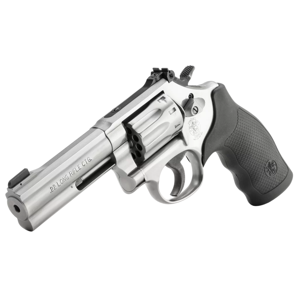 The CA compliant S&W 617 4IN chambered in 22LR revolver brings together the best features that a K-Frame has with the 10 round capacity and needle accuracy!