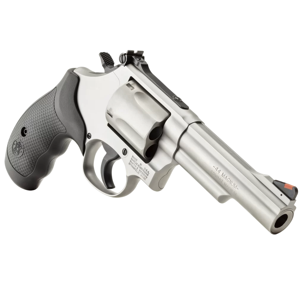 The CA compliant S&W M69 4in in 44MAG is the ideal handgun for the woods. Built to bring the power when needed in the wild, the model 69 blends the stainless steel ruggedness with weight so manageable, you will forget that it's on your side!