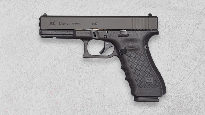 A black Austrian Glock 17 9x19 handgun