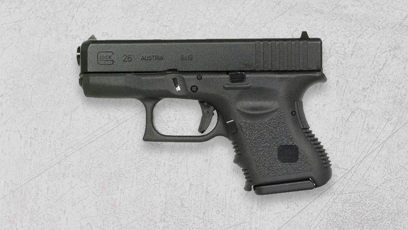 A black Austrian Glock 26 9x19 handgun