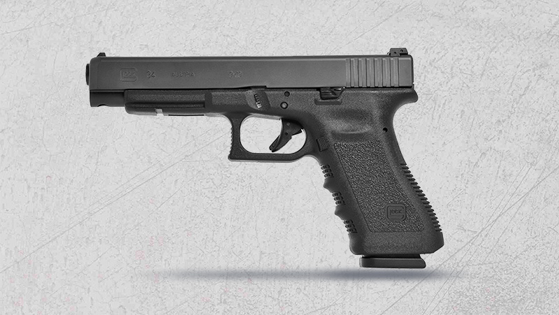 A black Glock 34 9mm handgun