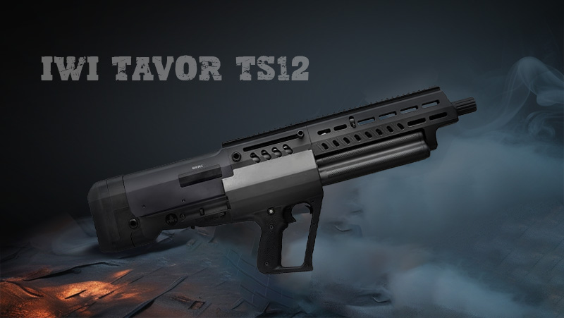 IWI Tavor TS12 rifle in black, on a blueish background