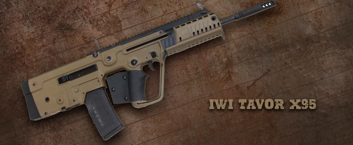 IWI Tavor X95 FDE on a brown background.