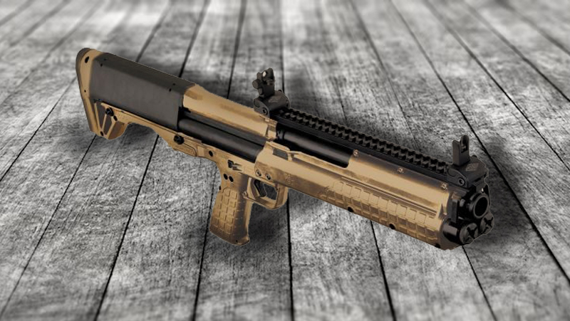 Kel-Tec KSG shotgun in FDE on a gray background