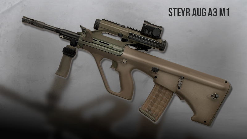 Steyr Aug A3 M1 rifle, on a gray background