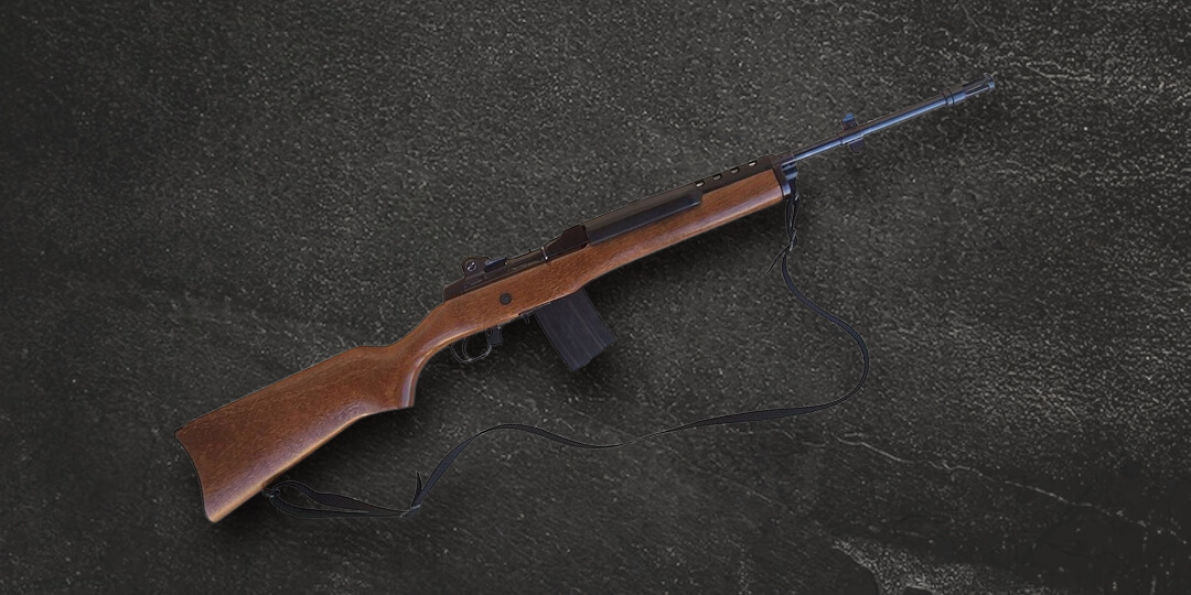 A brown Ruger Mini-14 on a dark background