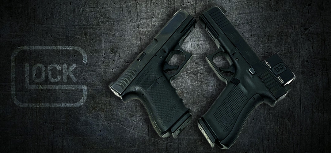 Two guns, a Glock 17 and Glock 19, displayed on a black background with the brand logo prominently featured.